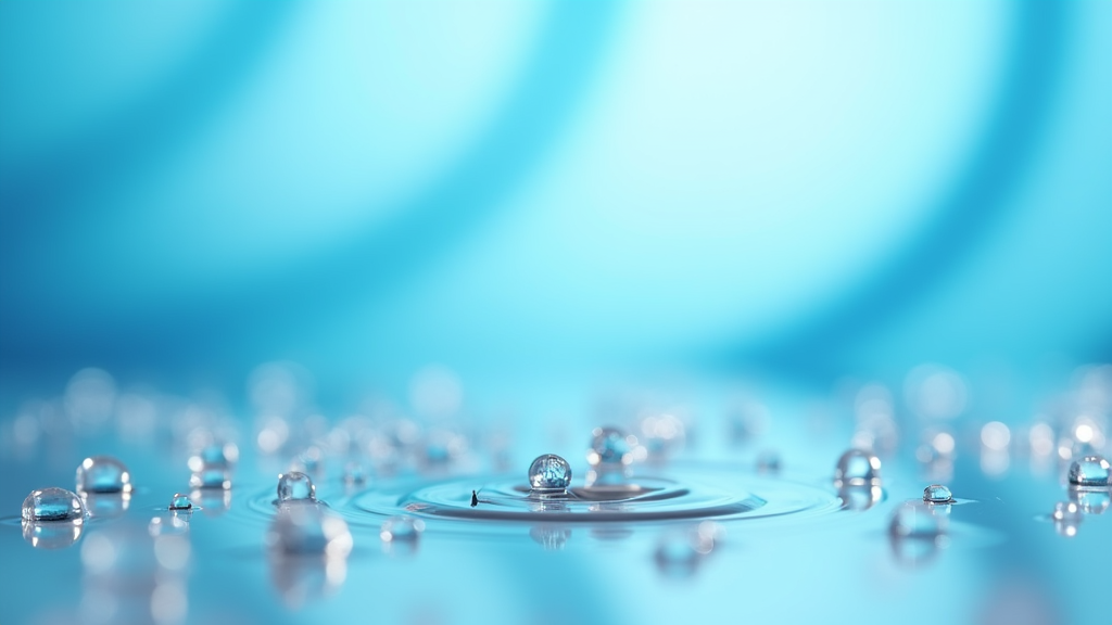 A close-up shot of crystal clear water droplets on a smooth surface, with a soft focus background showing blue gradients and curved lines, representing the fluidity of hydration and joint health.