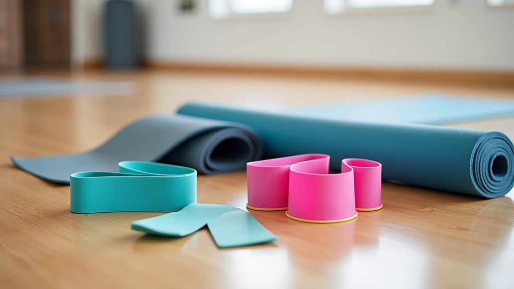 A collection of simple fitness equipment, yoga mats, and stretching bands on a gym floor