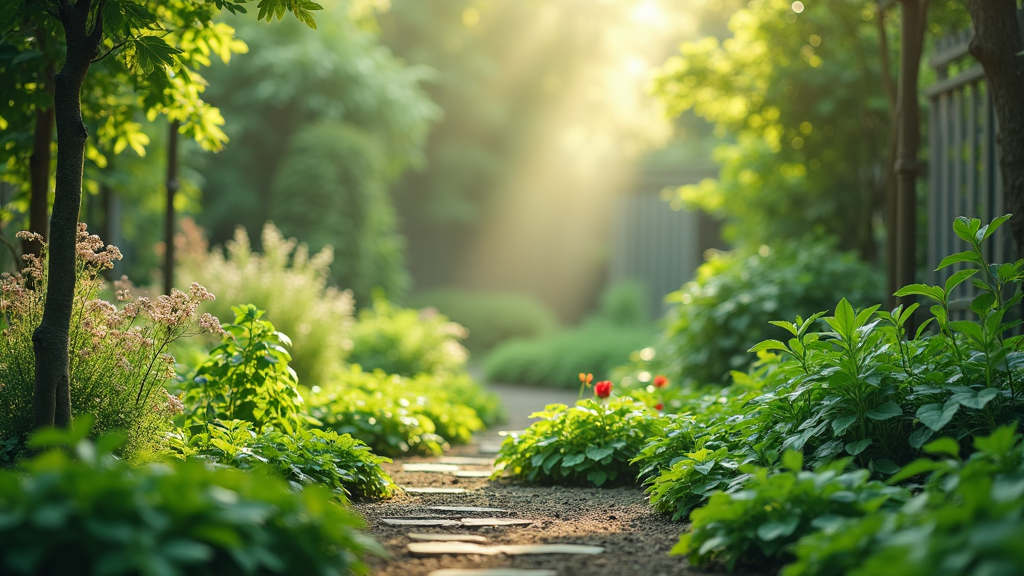 A peaceful garden with various green plants, illustrating tranquility and the theme of health and flexibility.