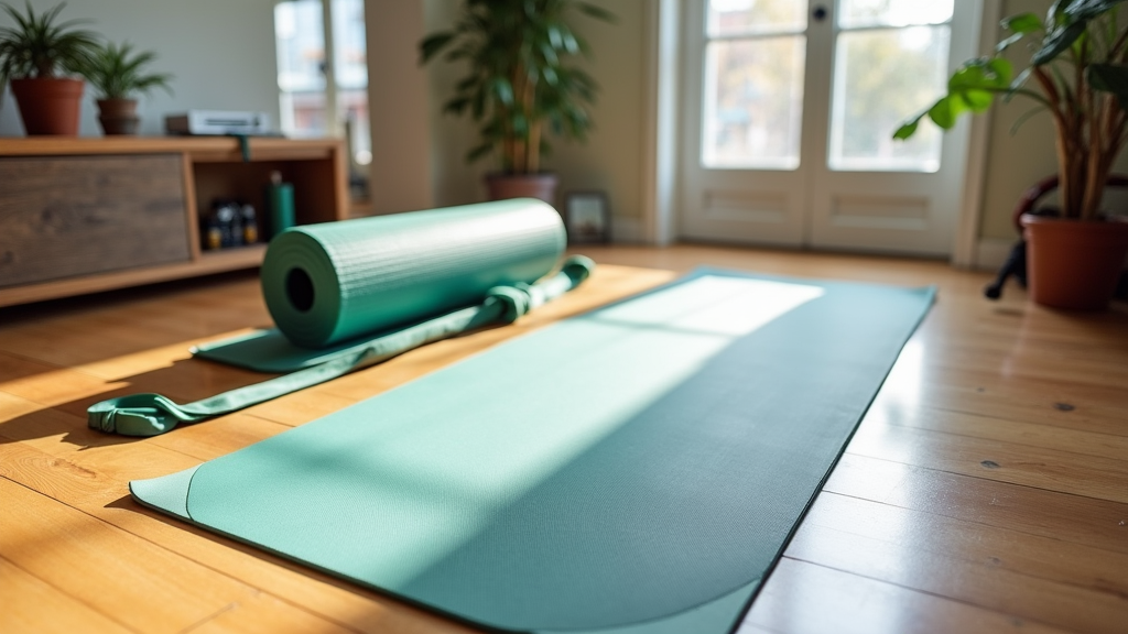 A serene scene of a yoga mat, water bottle, and small potted plant in morning light, set on a wooden floor.