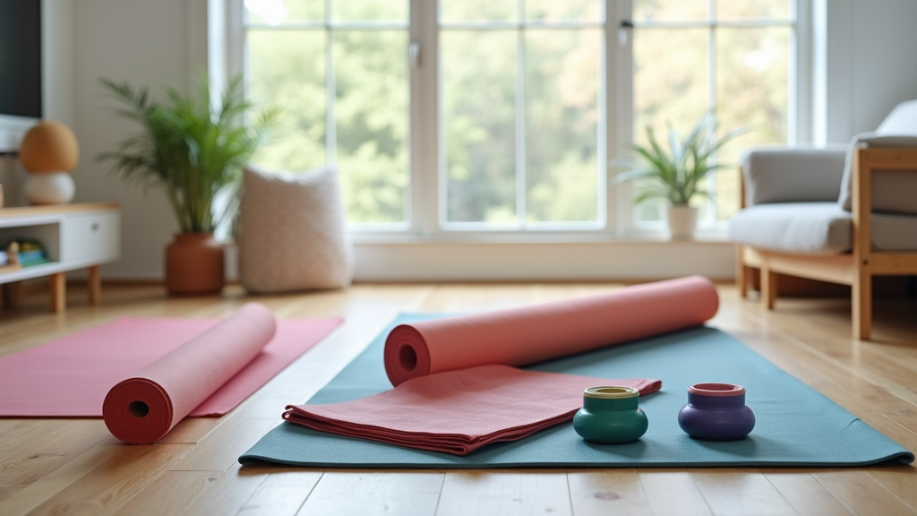 A set of yoga mats, bands, and stretching props arranged in a bright living space. No people or text.