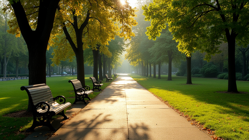 A tranquil park scene with sunlit paths, benches, and graceful trees, inviting gentle movement and relaxation.