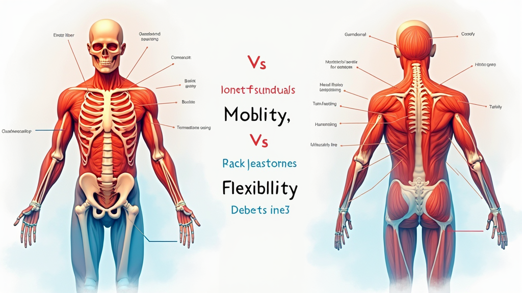 An abstract, colorful illustration showing the difference between mobility and flexibility using joint structures and muscle fibers.