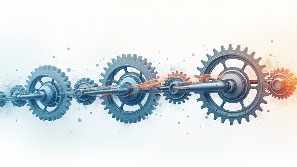 An abstract illustration showing flexible, interconnected gears and levers in motion, symbolizing optimal joint mobility and smooth movement