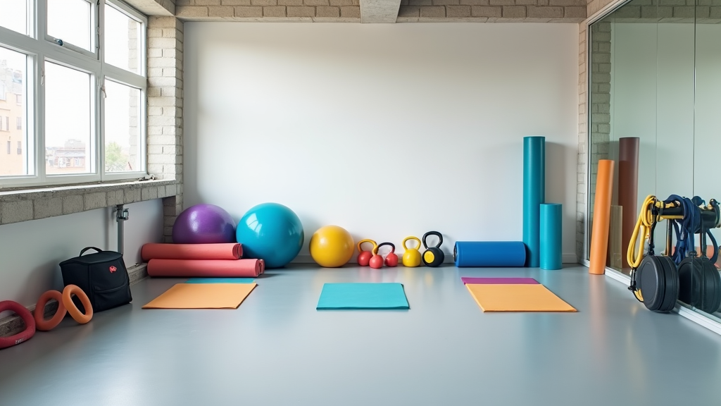 Colorful gym space with mobility training equipment, resistance bands, foam rollers, and kettlebells arranged on a rubber gym floor.
