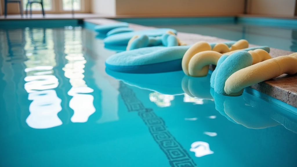 A calm indoor swimming pool with sunlight reflecting on the water. Pool noodles and floating exercise equipment are neatly stacked on the side.