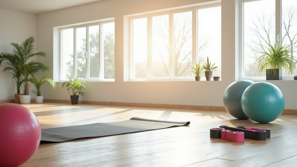 A fitness mat surrounded by simple gym equipment like a medicine ball, stability ball, and resistance bands in a bright, uncluttered room