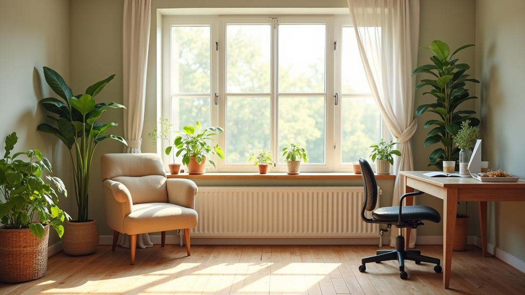 A peaceful home setting with ergonomic furniture, natural lighting, and plants supporting a healthy lifestyle