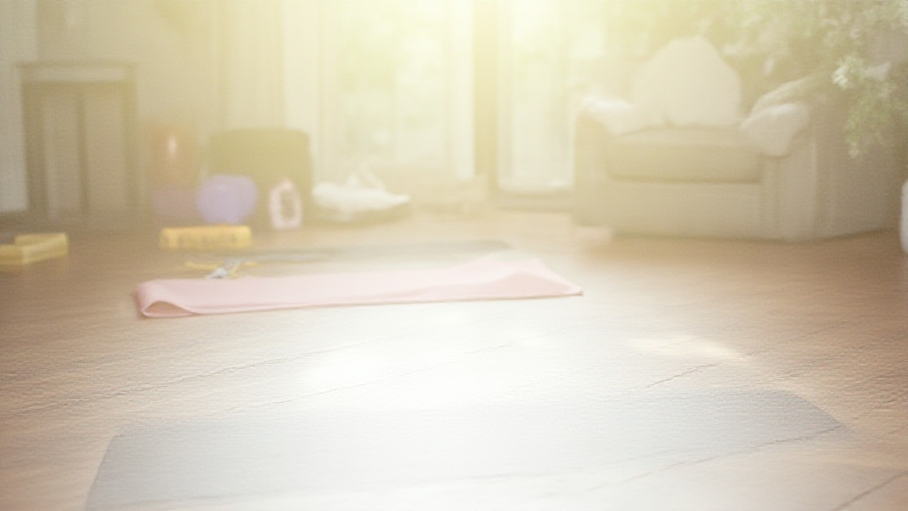 A sunny living room with yoga mats, resistance bands, foam roller, and neatly arranged fitness accessories on a wooden floor. No people or text.