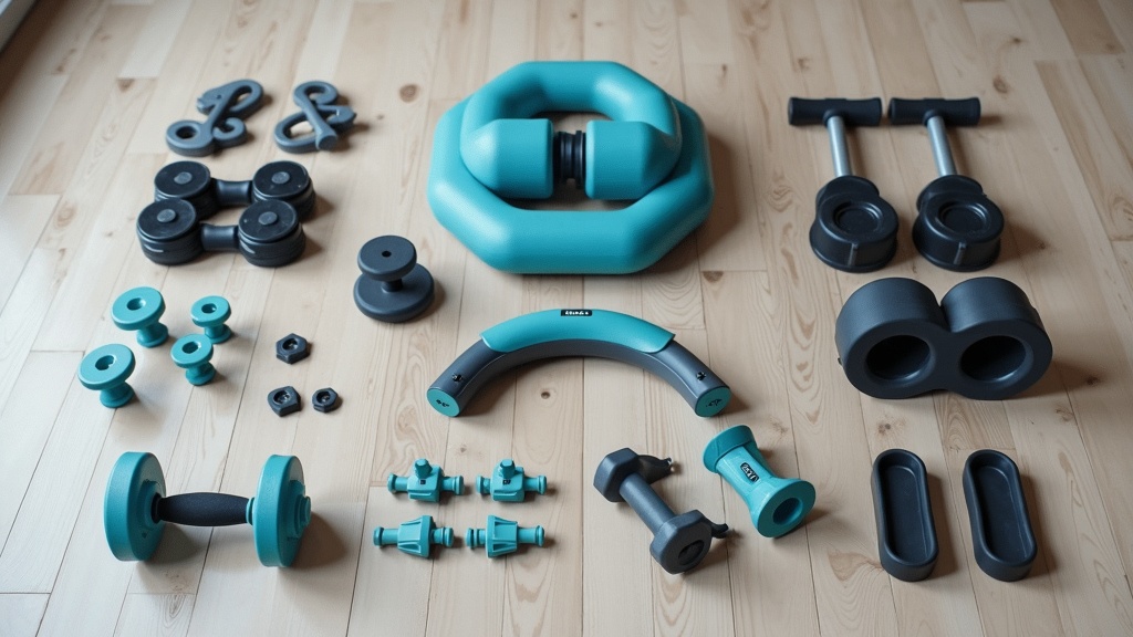 A variety of mobility exercise tools and stretching aids neatly arranged on a gym floor.