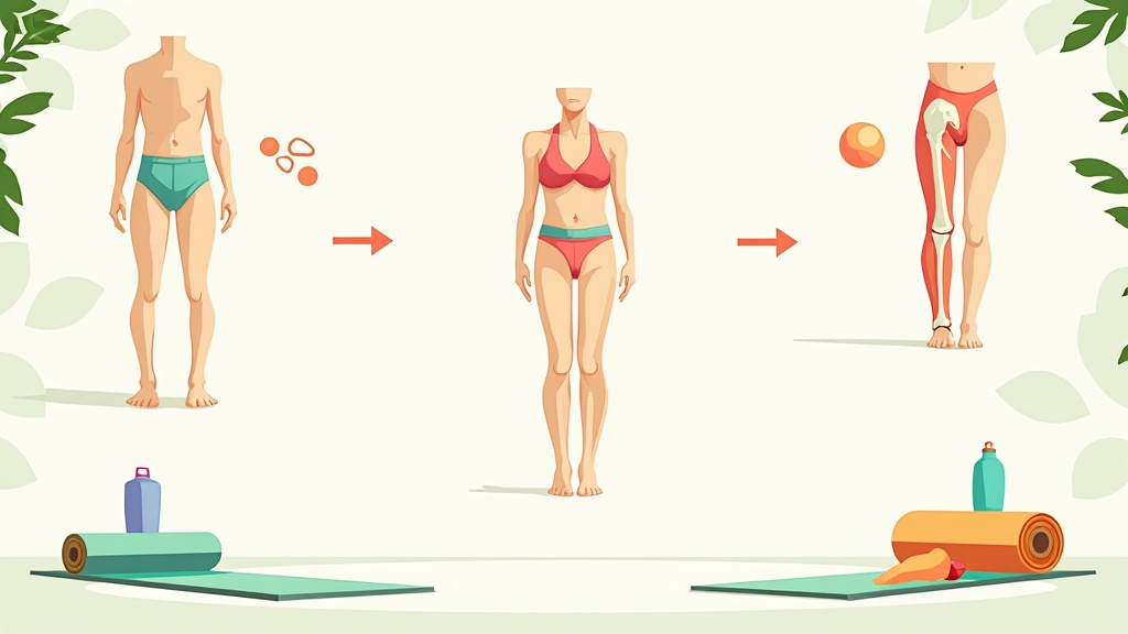 Colorful illustration of healthy knee, shoulder, and hip joints surrounded by greenery and a water bottle.