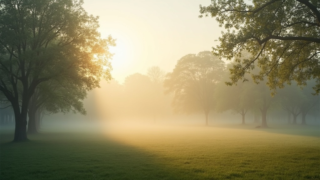 A serene landscape showing a quiet park in the early morning mist, symbolizing calm and relaxation as a part of stress management for joint health.
