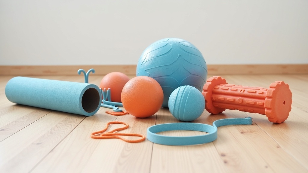 A set of unique mobility tools including foam rollers, massage balls, and stretch straps on a light wooden floor with clean, natural lighting.