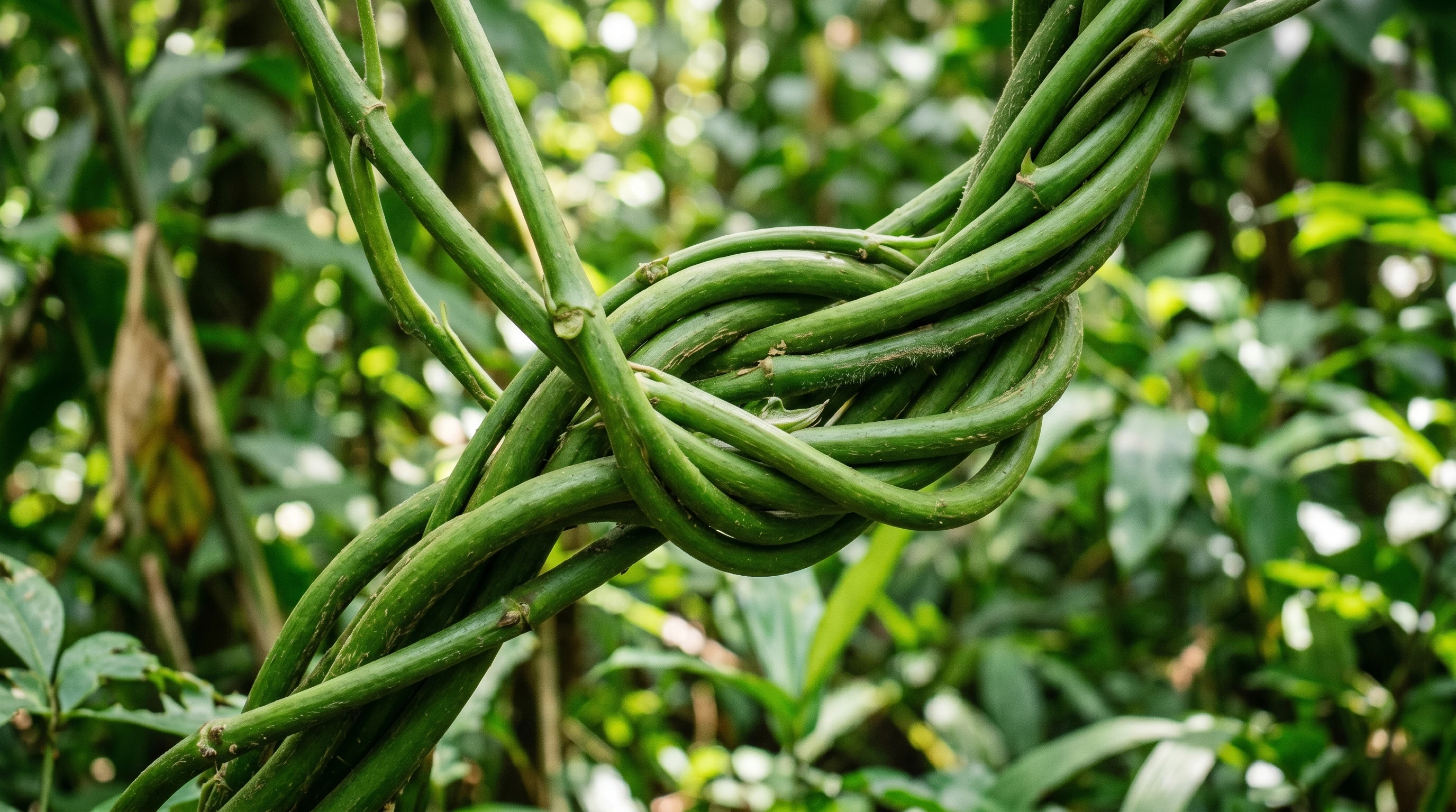 A close-up of flexible, healthy green plant stems twisting together, representing joint flexibility and strength in nature.