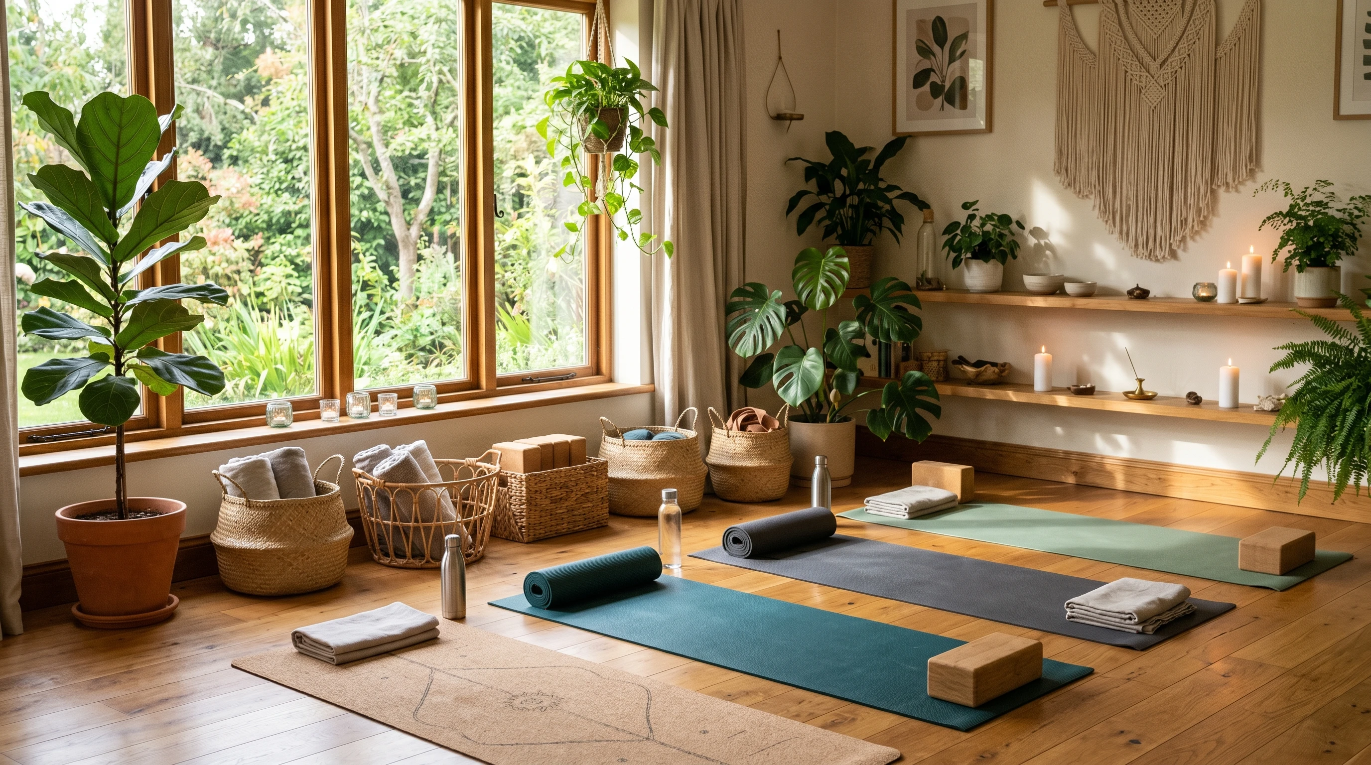 A peaceful yoga environment with lit candles, yoga blocks, and mats, surrounded by plants and natural light. No people or text.