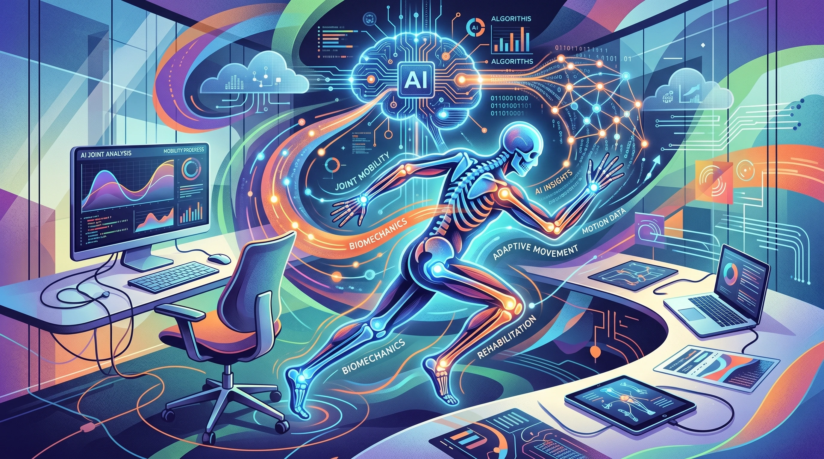 An abstract illustration of joint mobility and artificial intelligence technologies interacting together, surrounded by modern workspace elements like a computer, desk, and chair.
