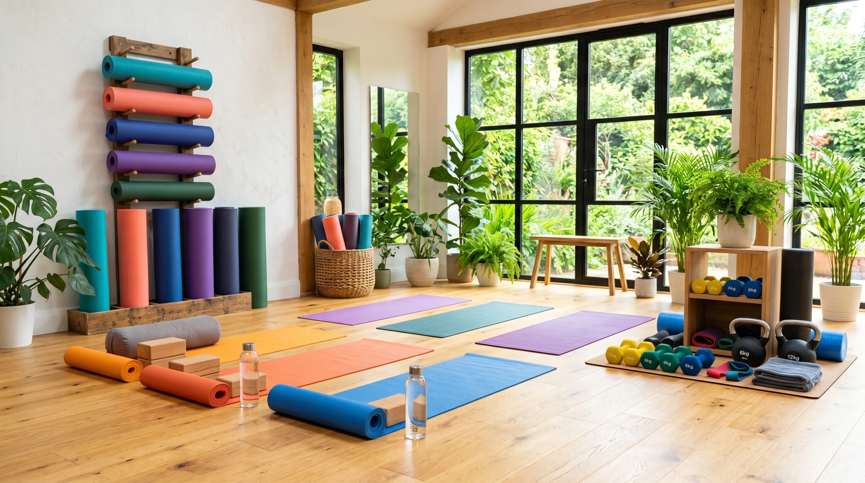 Colorful yoga mats and strength equipment neatly arranged on a bright wooden floor in a well-lit room, surrounded by greenery and natural light.