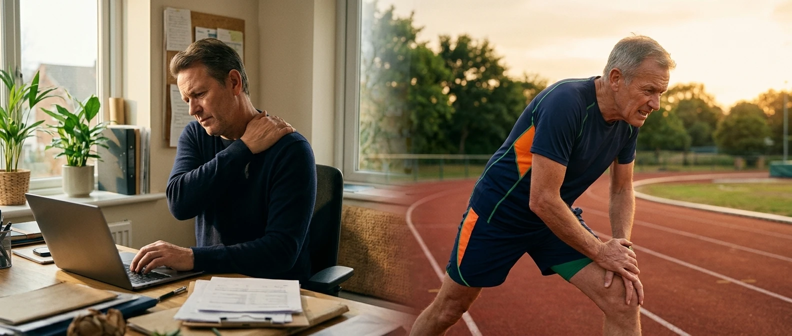 A split-light scene: on one side a desk worker in an office rolls their stiff shoulder while seated at a laptop, on the other a masters-age athlete in running gear stretches their knee on a track at golden hour, both captured mid-motion in the same soft natural light to suggest a shared struggle.