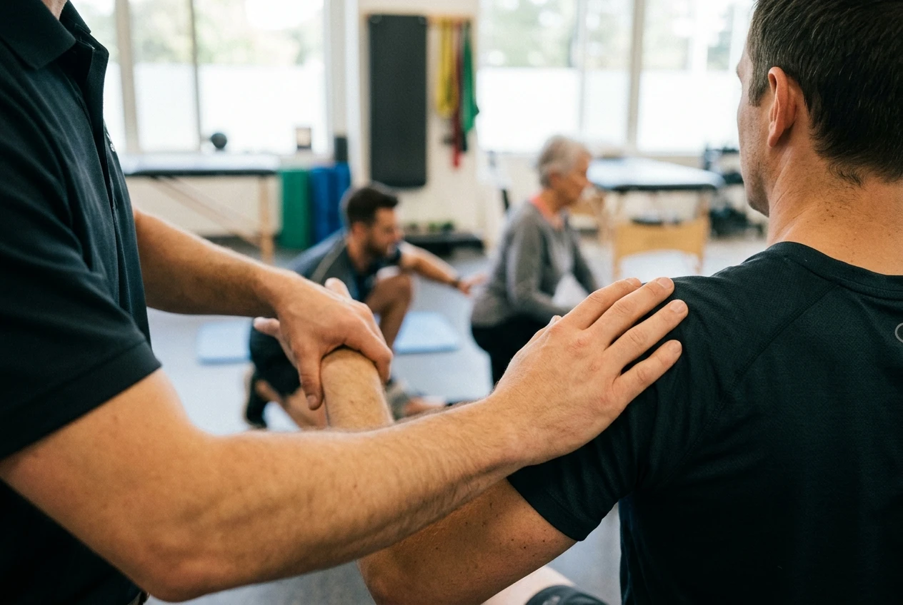 Close-up of a physical therapist's hands gently guiding a patient's shoulder through a controlled range of motion in a clinic, with a blurred gym background showing a coach spotting an older runner's hip stretch, visually linking the two settings.