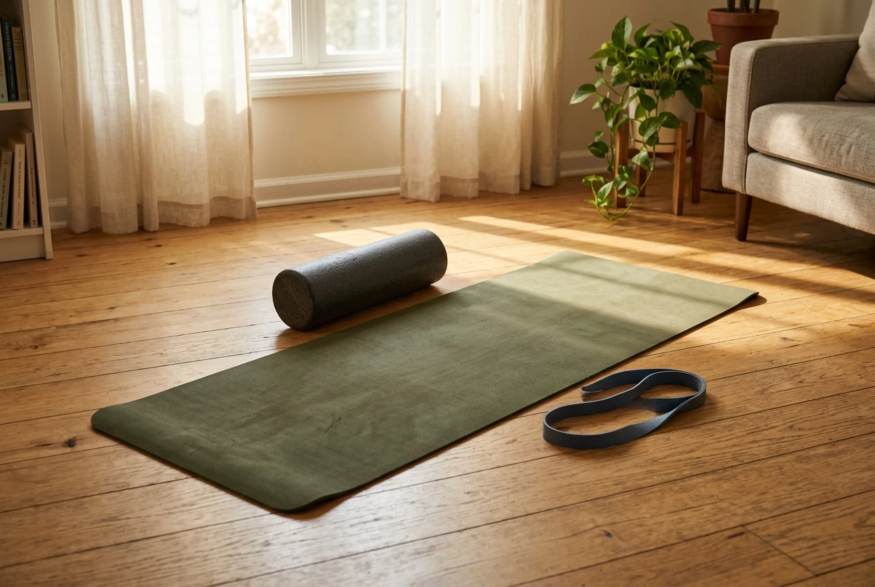 A simple home setup with a yoga mat, resistance band, and foam roller laid out on a wood floor near a window with morning light, suggesting a modest weekly practice rather than a elaborate gym routine.