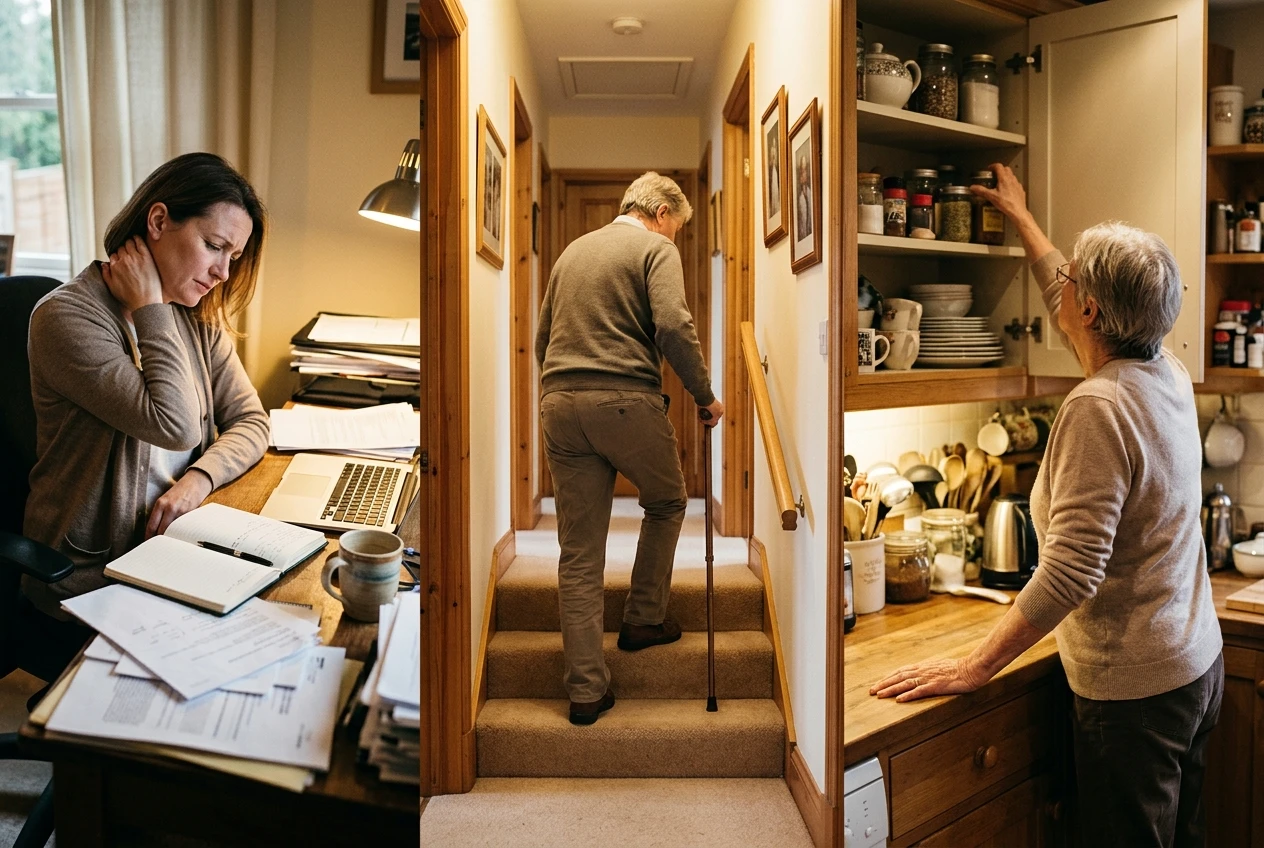 A collage-like candid scene: a person rubbing their neck at a cluttered desk, another using a cane while walking up a few steps, and an older adult reaching overhead to a high shelf, all in warm indoor lighting, showing the range of people with stiff or limited joints.