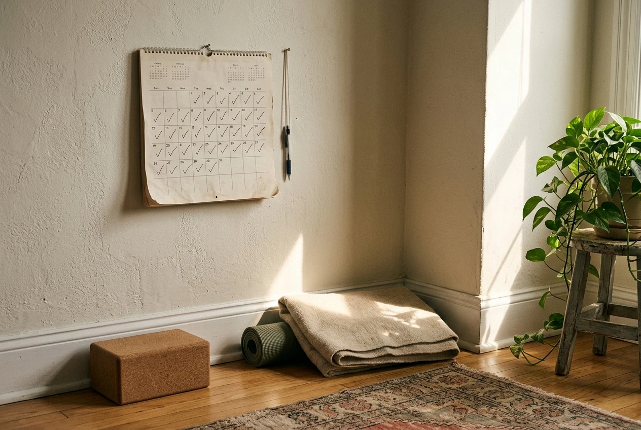 A wall calendar with small checkmarks across many weeks next to a neatly folded yoga mat in a quiet corner of a home, soft afternoon light, conveying slow consistent practice over time rather than a dramatic quick fix.