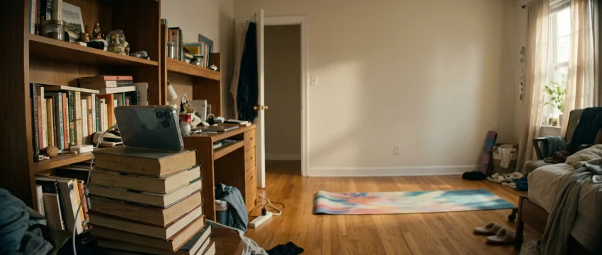 A home bedroom corner set up for a self-check: a phone propped against a stack of books on a shelf, angled toward an open doorway and a bare wall, morning light coming through a win